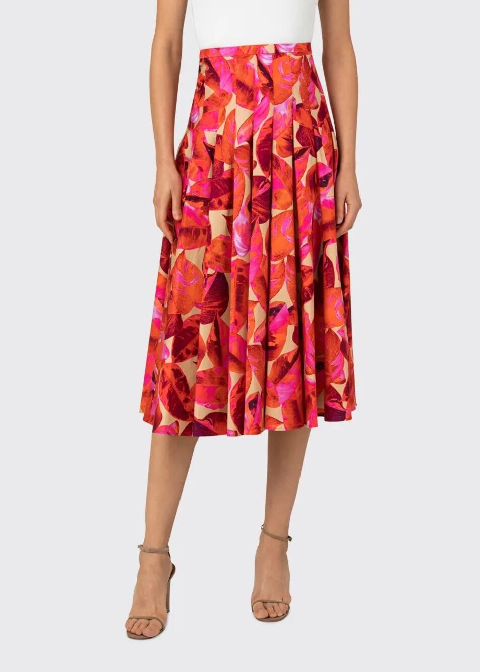 AKRIS PUNTO Tropical Leaves Pleated Midi Skirt US Size 6 100% Cotton Sateen EUC